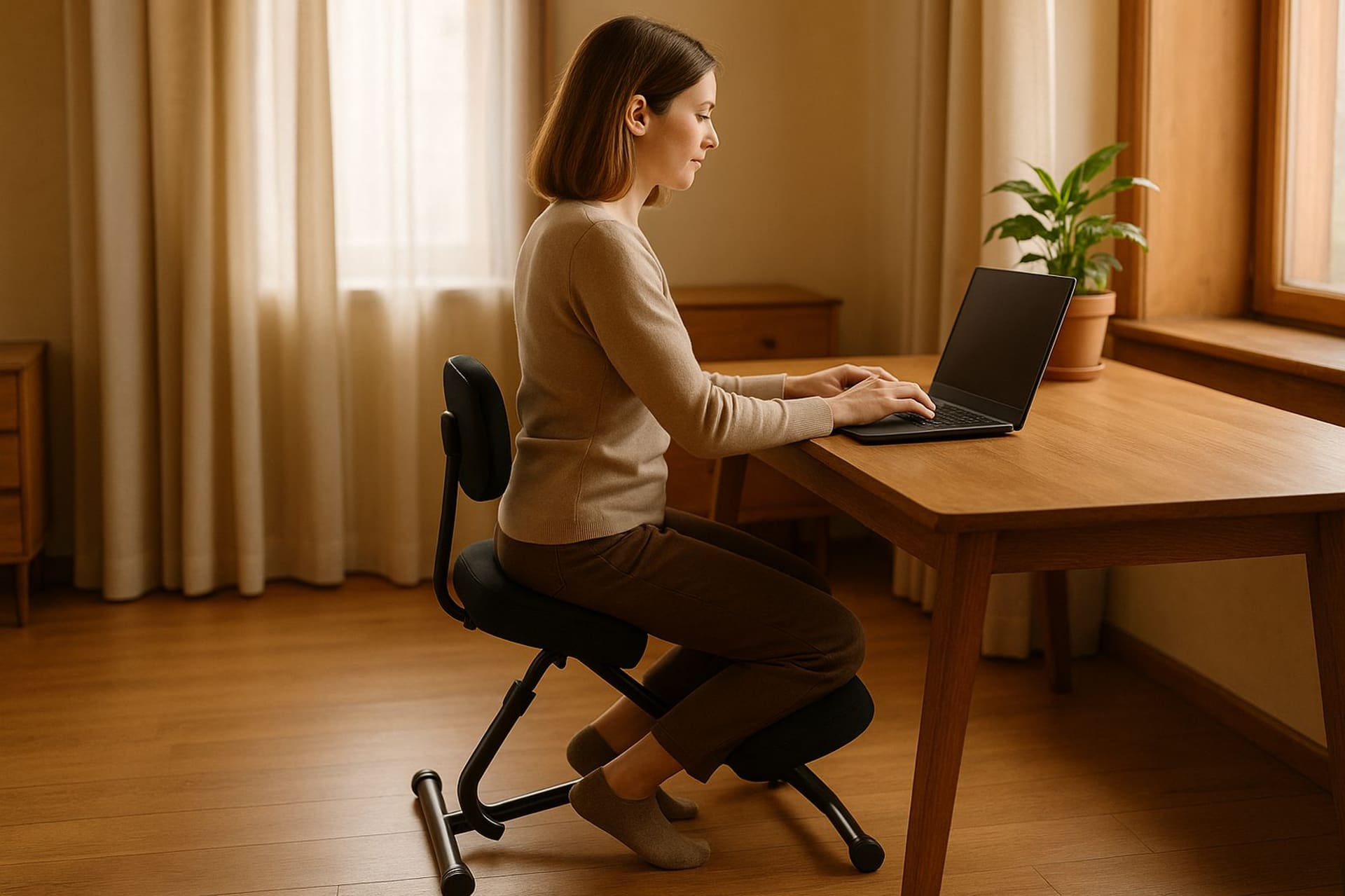 Silla de rodillas Ergolife junto a una ventana, con luz de tarde