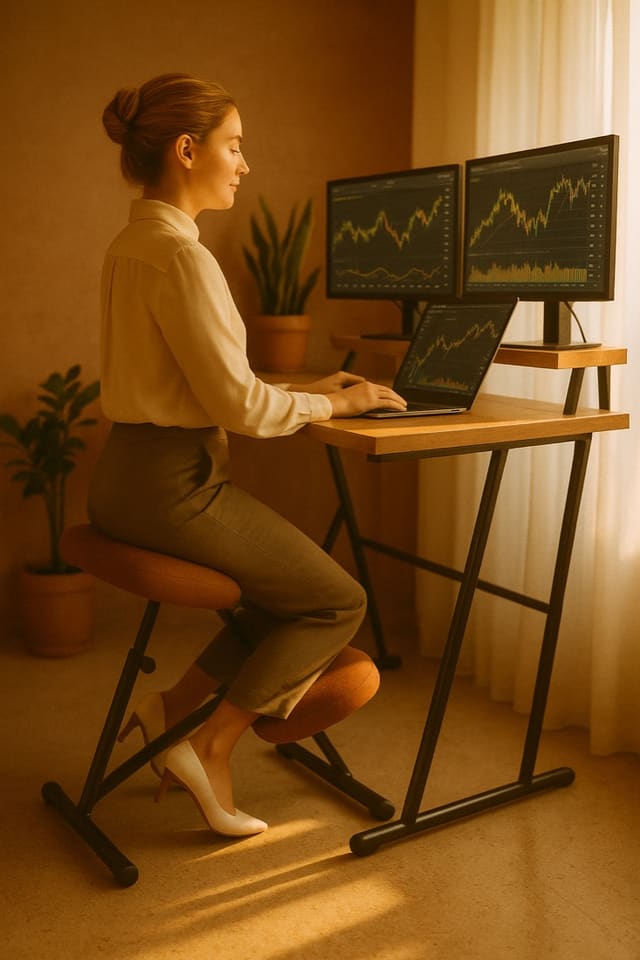 Mujer trabajando de perfil frente a monitores en su escritorio en casa, usando la silla de rodillas Ergolife