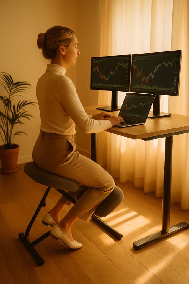 Mujer con postura erguida frente al escritorio con monitores, usando la Ergolife