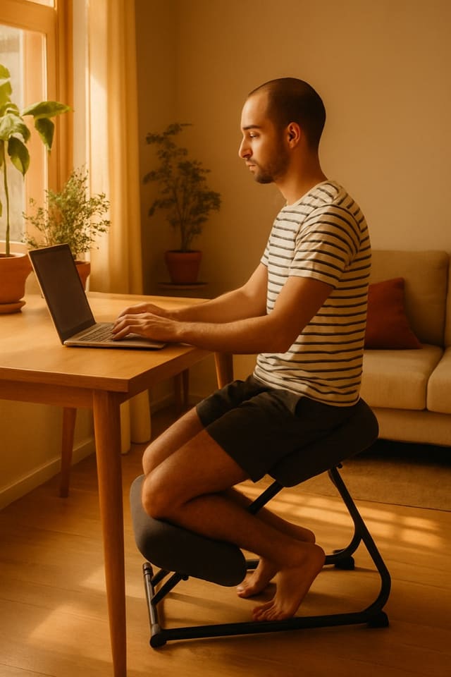 Hombre trabajando en laptop en un living acogedor, con la silla ergonómica de rodillas Ergolife