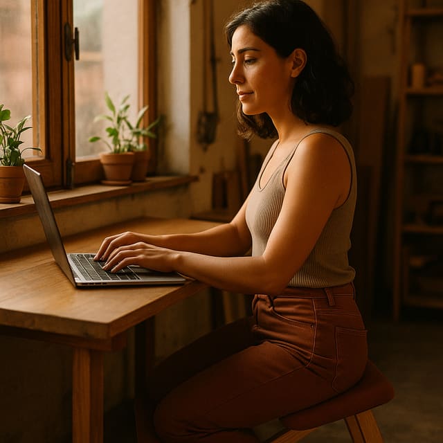 Mujer argentina de unos 30 años sentada derecha en una silla de rodillas frente a un escritorio de madera junto a una ventana, escribiendo en una laptop