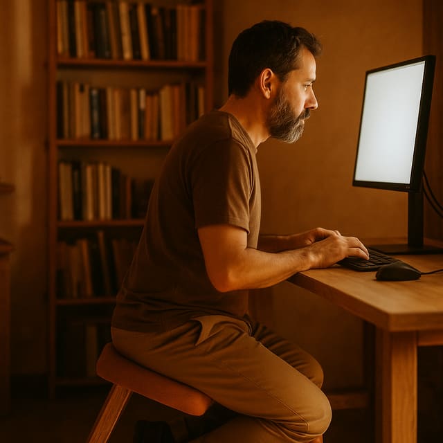 Hombre barbudo de unos 40 años de perfil, trabajando en un escritorio alto desde una silla de rodillas, brillo del monitor al atardecer