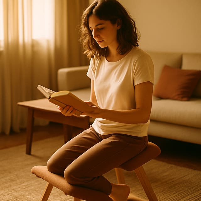 Mujer joven en un living luminoso sobre una silla de rodillas, leyendo un libro de papel, luz suave de la mañana