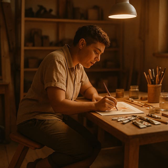 Persona no binarie pintando en una mesa baja de dibujo desde una silla de rodillas, materiales de arte alrededor